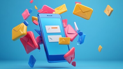 Colorful email icons floating around a smartphone with a password input screen.