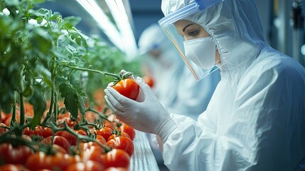 A team of scientists growing tomatoes in a controlled lab environment, wearing protective gear, highlighting the intersection of biology and technology