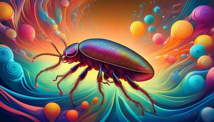 Surreal flea levitating amidst swirling colors and shapes.