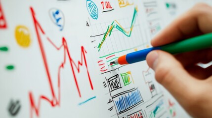 Poster - A detailed financial graph on a whiteboard, with colored markers indicating different trends and key data points, capturing a dynamic planning session.