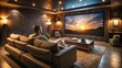 © Man888 - A relaxed individual sits on a couch, surrounded by dimmed lights, enjoying a cinematic experience on a large screen in a cozy home theater setting.