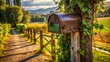 © Man888 - A rustic metal mailbox stands atop a wooden post, adorned with vines, awaiting delivery of handwritten letters and bills in a quaint rural setting.