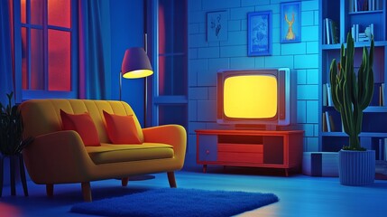 Retro living room with vintage TV, couch, and lamp, bathed in blue and red light.