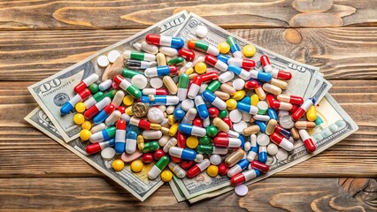 A scattered pile of various colored pills surrounds a crumpled wad of cash on a wooden table, symbolizing the high cost of prescription medication.