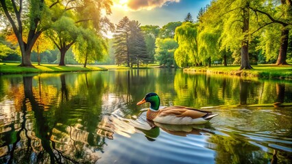 A serene duck swims quietly on the calm surface of a picturesque pond surrounded by lush greenery and majestic trees in a tranquil park setting.