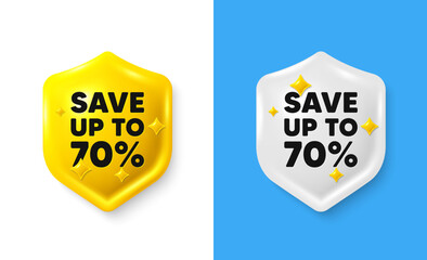 Poster - Save up to 70 percent tag. Shield 3d icon banner with text box. Discount Sale offer price sign. Special offer symbol. Discount chat protect message. Shield speech bubble banner. Vector