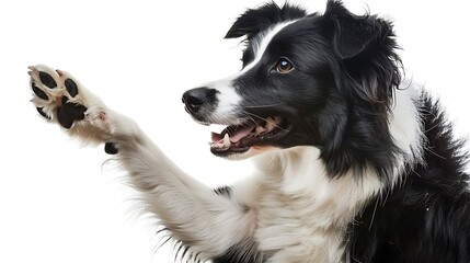 Poster - A close-up of a playful black and white dog raising its paw, showcasing its friendly expression.