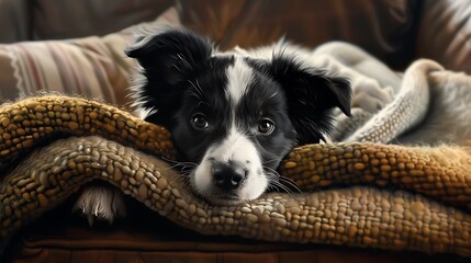 Poster - A close-up of a resting black and white dog on a cozy blanket, exuding warmth and tranquility.