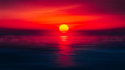 Wall Mural - A red and orange sunset over the ocean with the sun setting in the distance