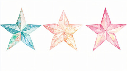 Boho Christmas star clipart, with geometric designs, watercolor illustration, soft pastel colors, isolated on white background