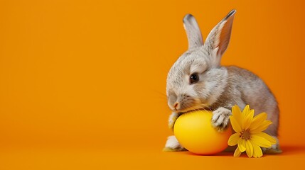 Wall Mural - A cute rabbit resting on a yellow egg with a flower, set against an orange background.