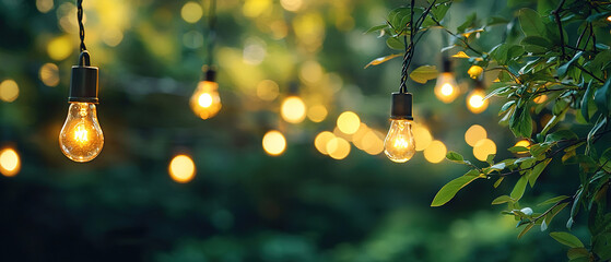 Wall Mural - Photo of string lights hanging in an outdoor setting, with light bulbs emitting a warm glow against greenery and trees. Web banner with copy space