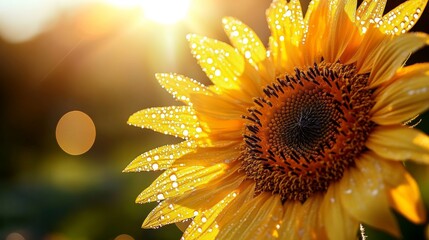 A detailed shot of a sunflower with dew drops on its petals, reflecting sunlight, emphasizing the morning freshness and natural beauty.