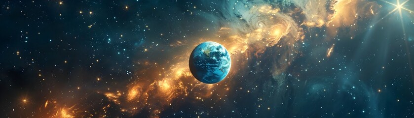 Wall Mural - Dramatic and Powerful Earth Amidst Cosmic Storm of Swirling Galaxies and Nebulae