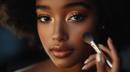 Wall Mural - A detailed shot of a woman touching up her makeup with a brush, with her makeup looking perfect and her expression focused, capturing her dedication to beauty.