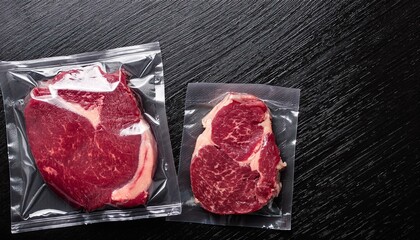 Freezer beefsteak in packaging on black background. Raw beef steak vacuum sealed bag for sell. Beef rib eye steak plastic pack. top view.
