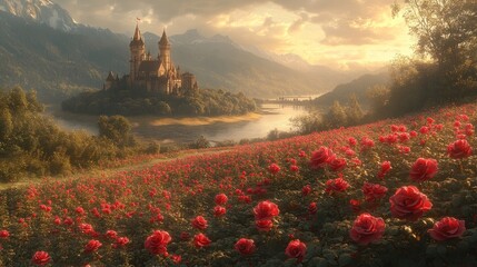 Sticker - A Majestic Castle on a Lake with a Field of Roses