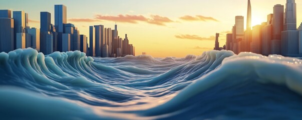 A city skyline submerged beneath crashing waves at sunset.