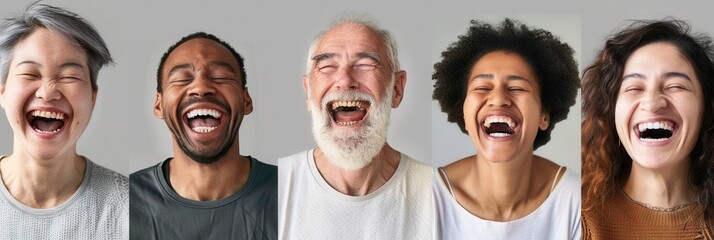 Aufkleber - A group of five diverse individuals joyfully laughing, showcasing happiness and connection in a neutral backdrop. Generative AI