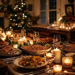 This inviting scene showcases a cozy Christmas dinner table filled with holiday treats, flickering candles, and charming decorations, embodying the warmth and joy of family gatherings.