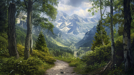 an image of a forest trail leading to a secluded mountain vista