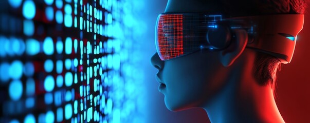 A person wearing futuristic glasses looks at a digital wall.