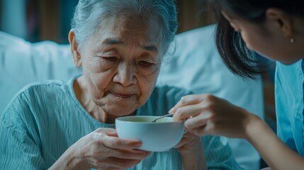 Caretaker feeding elder on bed, Warm bedside interaction, Focus on elderly care, Gentle and supportive healthcare