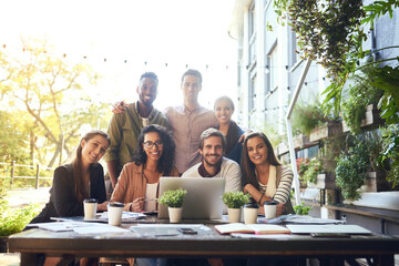 Wall Mural - Group of people, portrait and diversity for team building, business meeting and partnership in web design. Colleagues, collaboration and tech with about us as staff, worker and employee in restaurant