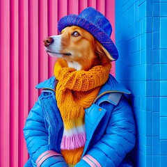 Canvas Print - A dog wearing a blue jacket and a blue hat and scarf