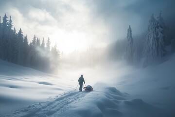 Poster - A lone figure trekking through a snowy forest in the morning fog while pulling a sled on a winter day