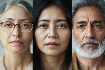 Aufkleber - Three individuals with distinct features and expressions gaze directly at the viewer, each embodying a unique emotion in a softly lit environment. Generative AI
