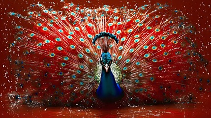 A peacock with its feathers spread out on a red background