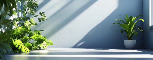 Wall Mural - Minimalist interior with potted plants and sunlight streaming through a window.