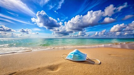 Colorful beach scene featuring a lone mask abandoned on the sand, surrounded by calm waves and a clear blue sky with subtle clouds.