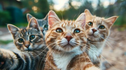 Sticker - A playful group of four cats posing for a close-up selfie in a natural outdoor setting.