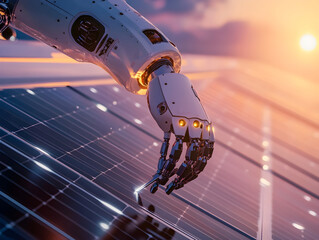 Poster - A robotic hand works on a solar panel during sunrise, representing the intersection of advanced technology and sustainable energy.