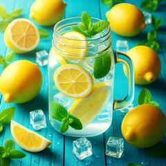 photography of refreshing summer lemonade citrus-infused cocktails drinks with ice cube and mint