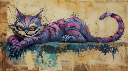 Poster - An artistic depiction of a colorful, whimsical cat lounging, showcasing vibrant colors and a playful expression.