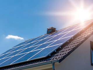 Poster - Solar panels installed on a house roof under bright sunlight, illustrating the use of renewable energy in residential areas.