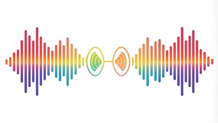 Colorful sound wave graphics and ear icons on a white background, symbolizing hearing, listening, and audio communication, with bold lines and minimalist style.