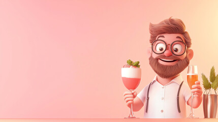 A cheerful cartoon bartender holds two colorful cocktails, showcasing creativity and fun in beverage crafting against a pastel background.