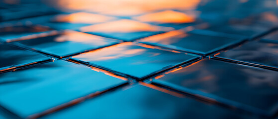 Poster - An abstract close-up of solar panels reflecting sunlight, capturing the interplay of light and technology in renewable energy.