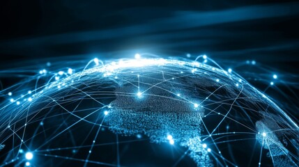 Poster - A globe with interconnected digital lines and network nodes, symbolizing global communication and the seamless exchange of information across borders.