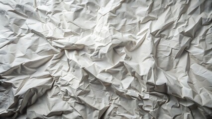 Crumpled and worn, a sheet of white paper lies flat, its textured surface showcasing deep creases and folds, with subtle shadows and gentle curves.