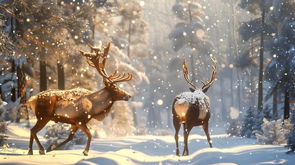 Wall Mural - Two deer walking through a snowy forest, surrounded by falling snowflakes and tall trees.