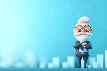 A cheerful elderly businessman with glasses poses confidently against a blue background, representing wisdom and success in finance.