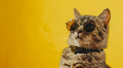 Canvas Print - A stylish cat wearing round sunglasses against a bright yellow background, exuding a cool and confident vibe.