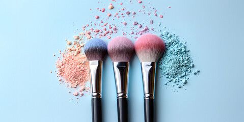 Three makeup brushes lying on a blue background, surrounded by colorful crushed eye shadows