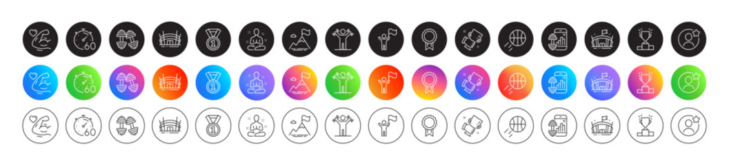 Wall Mural - fitness app, dumbbells and yoga line icons. round icon gradient buttons. pack of basketball, best fr