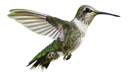 A hummingbird in flight, showcasing its vibrant feathers and rapid wing movement.